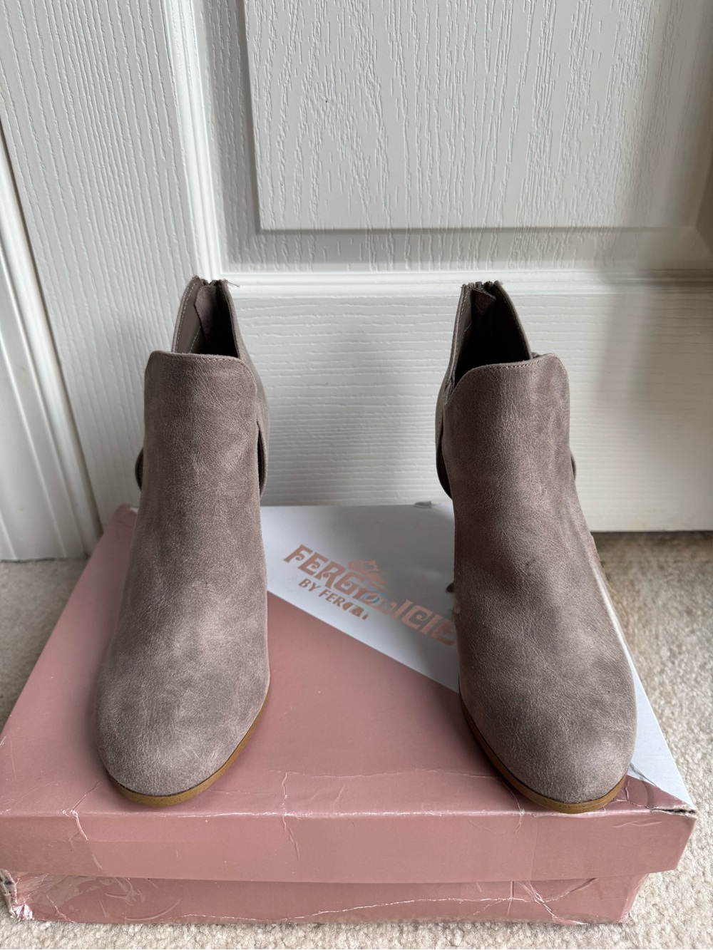 Fergalicious Taupe Suede Cutout Ankle Booties